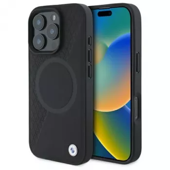 BMW Sign Leather Half Textured Hard Case with Circle MagSafe for Apple iPhone 16 Pro Max 6,9 inch Black