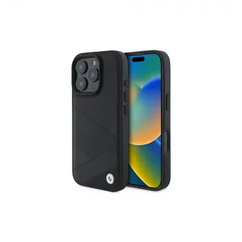 BMW Sign Leather Crossing Lines Pattern Hard Case for Apple iPhone 16 Pro 6,3 inch Black