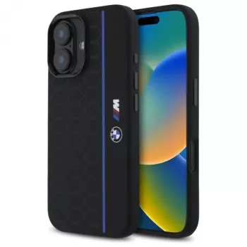 BMW BMHMP16S23SHEB iPhone 16 6,1 tolli must silikoonist kõva ümbris kuusnurkne sinine joon MagSafe