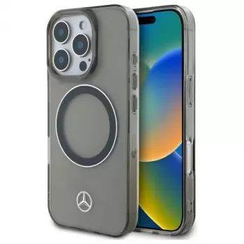 Mercedes-Benz iPhone 16 Pro Max 6,9 tolli kõvaümbris hõbedase rõnga ja MagSafe'iga must