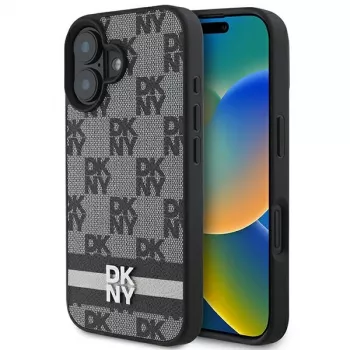 DKNY DKHCP16SPCPTSSK Kõva ümbris Apple iPhone 16 6,1 tolli ruudulise mustri ja trükitud triipudega must