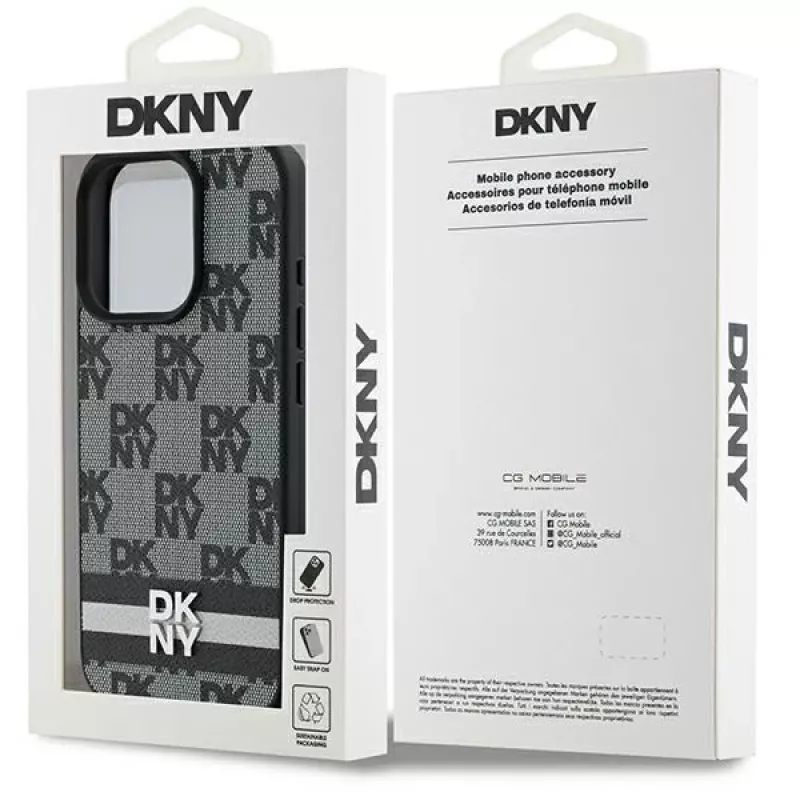 DKNY DKHCP16LPCPTSSK Kõva ümbris Apple iPhone 16 Pro 6.3-tollisele, must ruudumustri ja trükitud triipudega