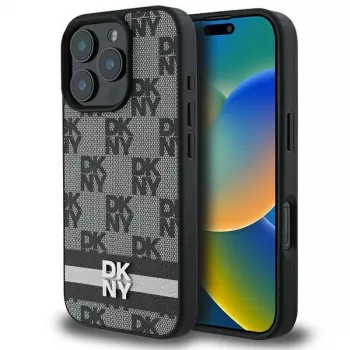 DKNY DKHCP16LPCPTSSK Kõva ümbris Apple iPhone 16 Pro 6.3-tollisele, must ruudumustri ja trükitud triipudega