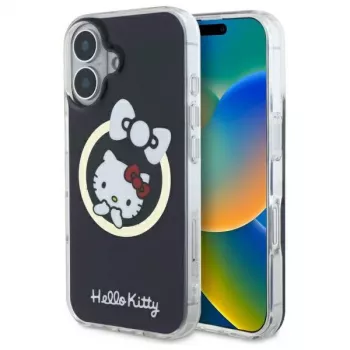 Hello Kitty HKHMP16SHFLBK Kõva ümbris iPhone 16 6,1 tollile Must Fun Bow MagSafe