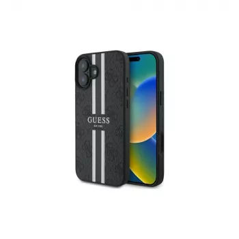 Guess GUHMP16SP4RPSK iPhone 16 6.1-tolline kõva ümbris Must 4G Printed Stripes MagSafe