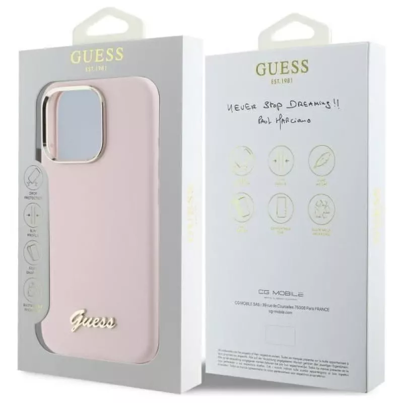 Guess GUHCP16LSMBSLP iPhone 16 Pro 6.3 tolli roosa silikoonist kõva ümbris Script Metal Logo & raamiga
