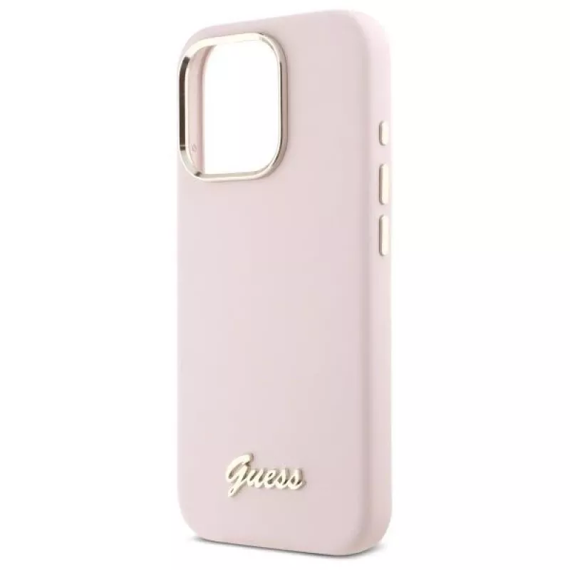 Guess GUHCP16LSMBSLP iPhone 16 Pro 6.3 tolli roosa silikoonist kõva ümbris Script Metal Logo & raamiga