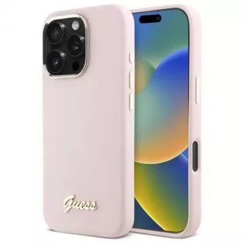 Guess GUHCP16LSMBSLP iPhone 16 Pro 6.3 tolli roosa silikoonist kõva ümbris Script Metal Logo & raamiga
