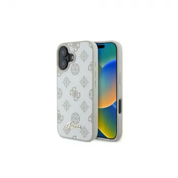 Guess GUHMP16SPGPYSH iPhone 16 6,1 tolli valge kõva ümbris Peony Script Logo MagSafe
