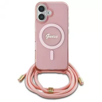 Guess GUHMP16SHCTSGNSP iPhone 16 6,1 tolli roosa kõva ümbris ristkeha nööriga Script MagSafe