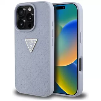 Guess Hot Stamp 4G Pattern Triangle Metal Logo Case for iPhone 16 Pro Max (Purple)