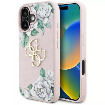 Guess Grained Roses Big 4G Logo Case for Apple iPhone 16 - Pink