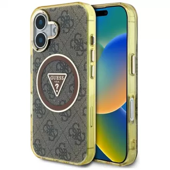 Guess IML Metal Glitter 4G Circle Triangle MagSafe Case for iPhone 16 (Brown)