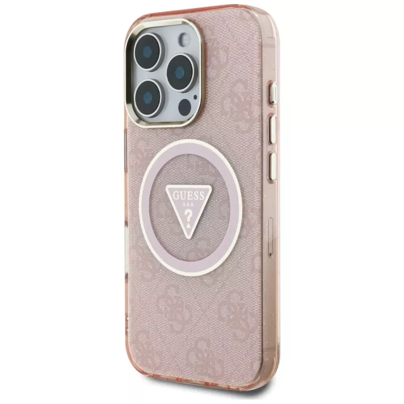 Guess IML Metal Glitter 4G Circle Triangle MagSafe ümbris Apple iPhone 16 Pro Max (roosa)
