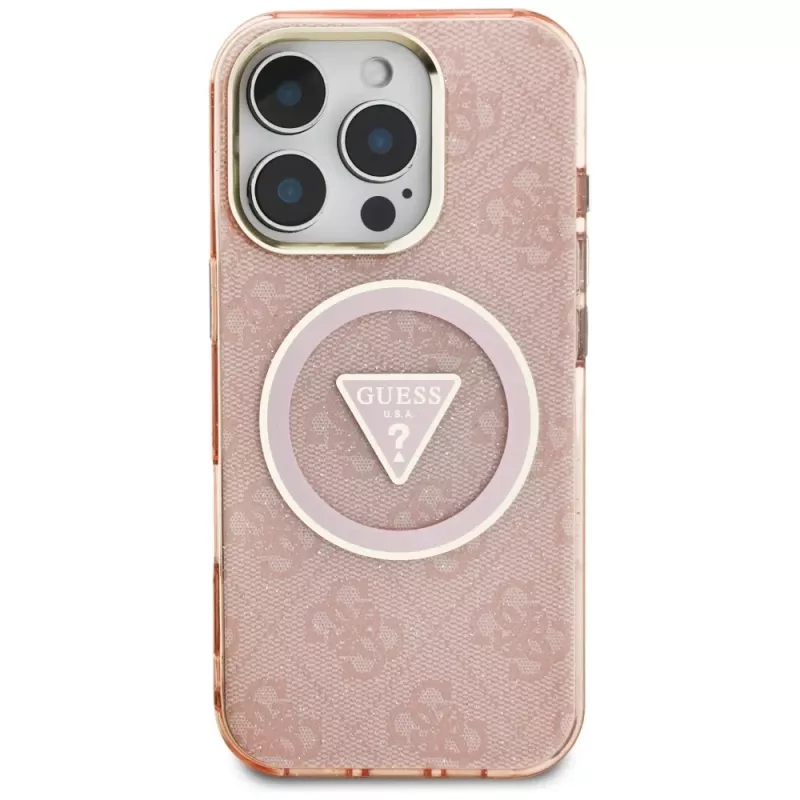 Guess IML Metal Glitter 4G Circle Triangle MagSafe ümbris Apple iPhone 16 Pro Max (roosa)