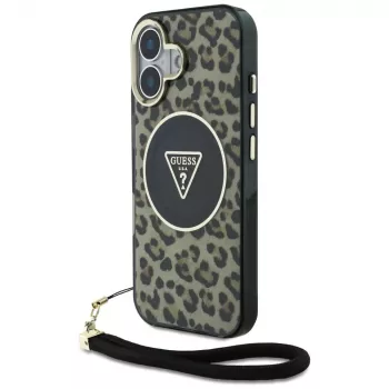 Guess HC IML Leopard Triangle Case for iPhone 16 with Cord Strap, Brown, MagSafe