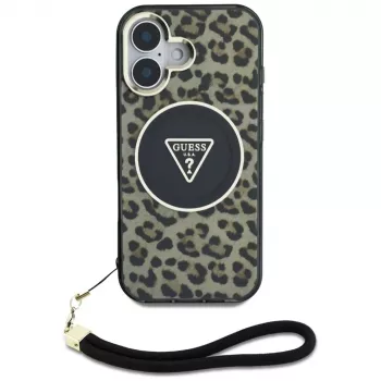 Guess HC IML Leopard Triangle Case for iPhone 16 with Cord Strap, Brown, MagSafe
