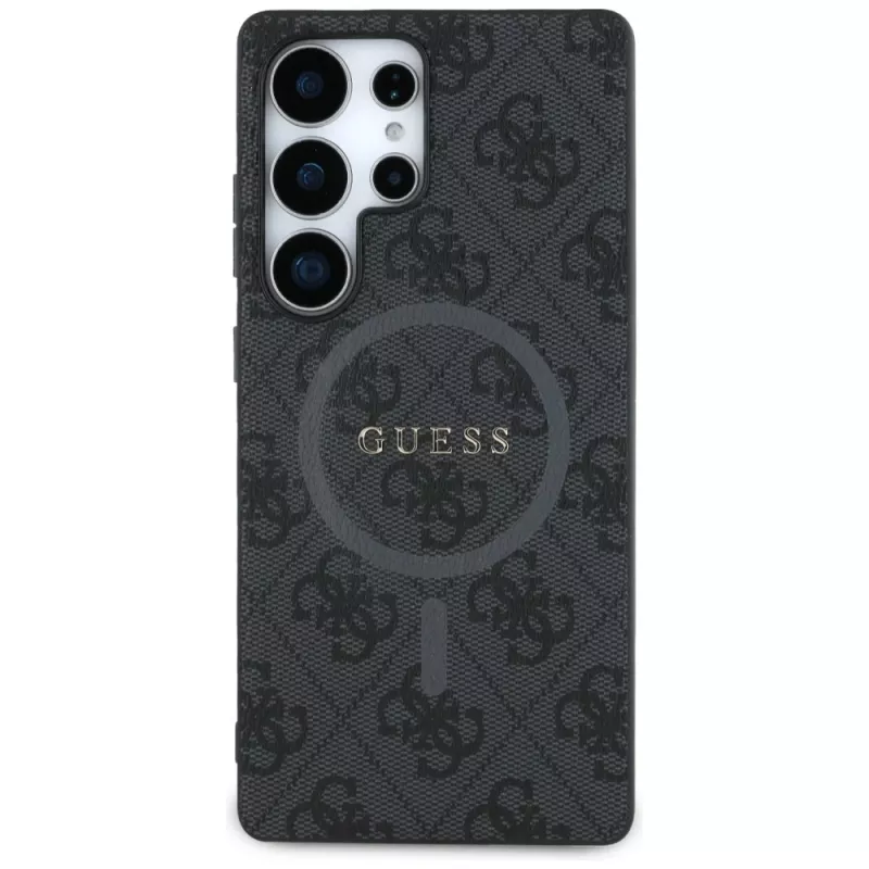 Guess Leather 4G Colored Ring Classic Logo MagSafe Back Cover for Samsung Galaxy S25 Ultra, Black
