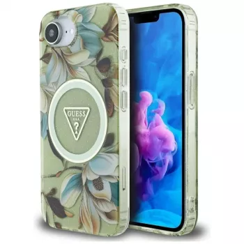 Guess IML Metal Glitter Flowers Triangle MagSafe Tagakaas Apple iPhone 16e, Roheline