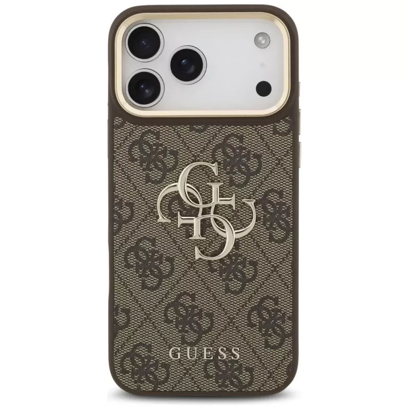 Guess 4G Big Classic Logo BigStrap Metal Buttons Case for iPhone 17 Pro Max, Brown