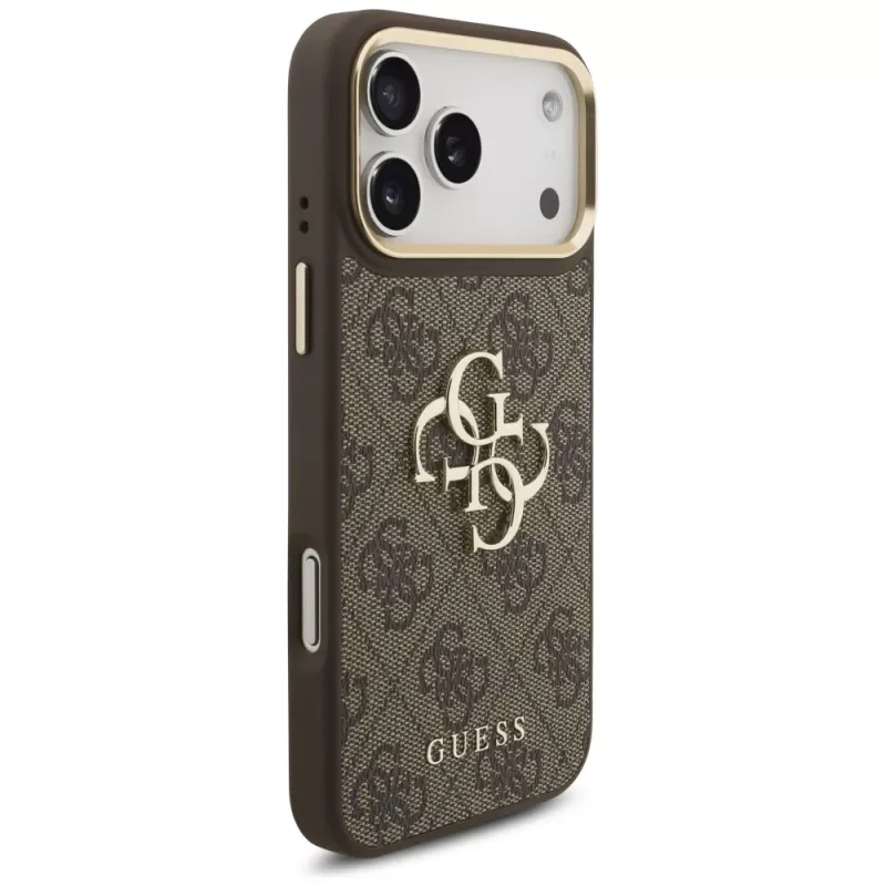 Guess 4G Big Classic Logo BigStrap Metal Buttons Case for iPhone 17 Pro Max, Brown