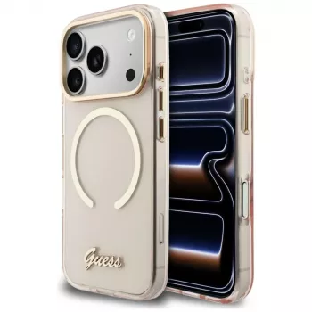 Guess IML Script Metal MagSafe Case iPhone 15 Pro jaoks, roosa