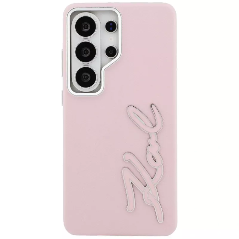KARL LAGERFELD Grained Signature Metal Resin Logo Case for Samsung Galaxy S26 Ultra, Pink