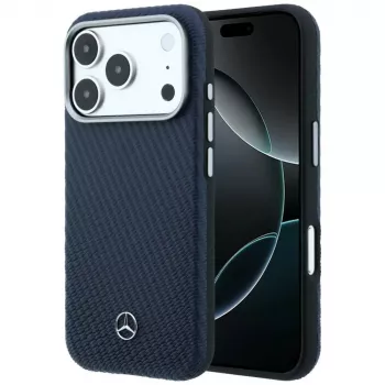Mercedes Leather Semi Wrap Wood Effect MagSafe Case for iPhone 17 Pro Max Navy Blue