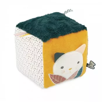 Kaloo Stimuli Sensory Activity Cube - Mitmevärviline riidest beebimänguasi kõristi, krobispaberi, peegli ja hammastusrõngaga