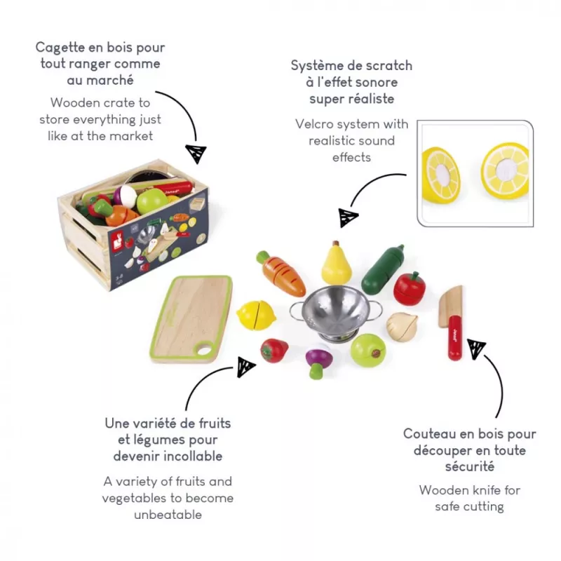 Janod Wooden Fruit and Vegetable Cutting Box Set - 18 Pieces Pretend Play Food with Knife and Cutting Board