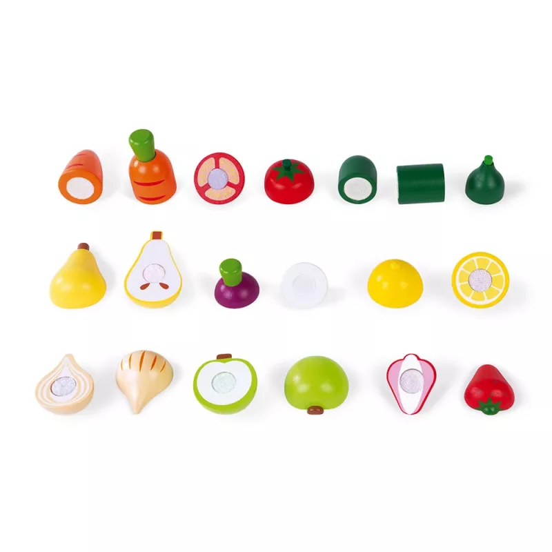Janod Wooden Fruit and Vegetable Cutting Box Set - 18 Pieces Pretend Play Food with Knife and Cutting Board