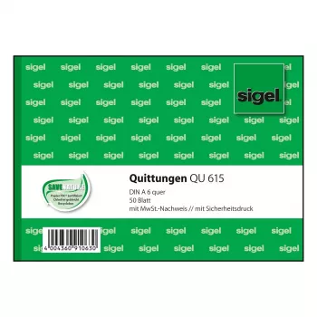 Sigel QU615 kviitungiraamat, A6 horisontaalpaigutus, 50 lehte, roheline