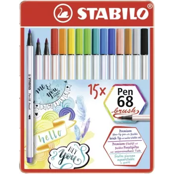 STABILO Pen 68 Brush - 15 värvi - Segakomplekt - Veepõhine tint - Saksamaa - Täiskasvanud ja lapsed