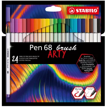 STABILO Pen 68 Brush ARTY Edition 24-osaline pappkarp - Painduva harjaotsaga viltpliiatsid käsitsi kirjutamiseks, bullet journaling'iks ja illustreerimiseks