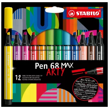 STABILO Pen 68 MAX 12-osaline ARTY Edition viltpliiatsite komplekt peiteli otsikuga plastkarbis