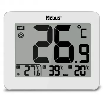 MEBUS 1074 Digitaalne termomeeter sise- ja välistemperatuuriga, LCD-ekraan, seinakinnitus, valge