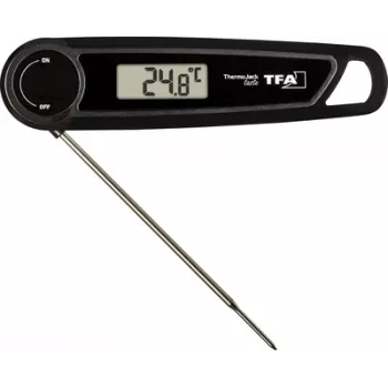TFA THERMO JACK TASTE Digitaalne köögtermomeeter taimeri ja alarmiga, roostevabast terasest sond, 160 mm, -50 kuni +300 °C, LCD-ekraan, must/valge