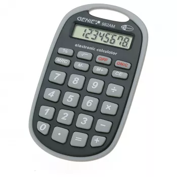 Genie 982 AM Taskukalkulaator kaitseümbrises, 8-kohaline LCD-ekraan, kahekordne toiteallikas (päike ja aku), must/hall