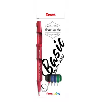 Pentel Sign Brush Pen Set 4 Assorted Colours Black Red Blue Green