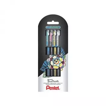 Pentel Dual Metallic Geelpliiatsite komplekt - 4 pliiatsit (must, sinine, kuld, hõbe) - 0,5 mm - blisterpakend