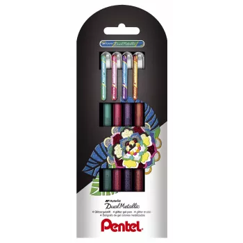 Pentel Dual Metallic Geelpliiatsite komplekt - 4 värvi (roheline, oranž, roosa, violetne) - 0,5 mm peen ots - plastikust korpus - blisterpakend