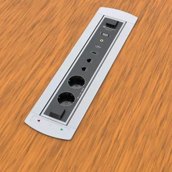 Kindermann CablePort Turn lauapinna sissepandav pistikupesade ja ühenduste plokk 2x Schuko, 2x RJ45 CAT6, 2x HDMI, 1x USB-A 3.0, 360° pöörlemine, hõbe/must