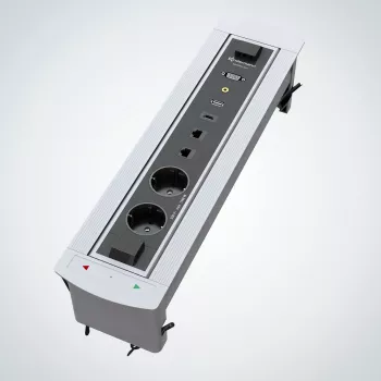 Kindermann CablePort Turn lauapinna sissepandav pistikupesade ja ühenduste plokk 2x Schuko, 2x RJ45 CAT6, 2x HDMI, 1x USB-A 3.0, 360° pöörlemine, hõbe/must