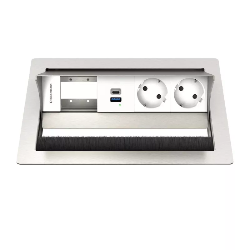 Kindermann CP Standard² VA 4f. lauaühenduspaneel 2x Schuko pistikupesa ja 1x USB-A laadimisportiga, hõbedane/must