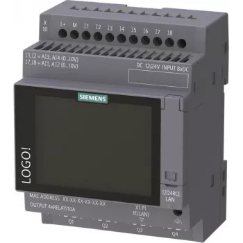 Siemens LOGO! 12/24 RCE loogikamoodul ekraaniga, 8 DI/4 AI/4 releed, 12-24V DC, Ethernet, Modbus TCP/IP
