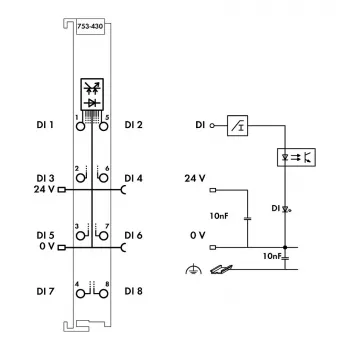 WAGO 753-430 - 8-kanaliline digitaalsisendmoodul, 24 VDC, 5 kV isolatsioon, CAGE CLAMP, DIN-liist