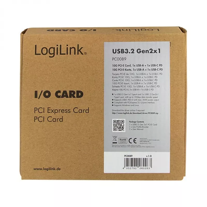 LogiLink PCI Express USB 3.2 kaart, 5 Gbps, 2 välist + 3 sisemist USB-A porti