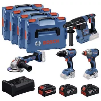 BOSCH POWERTOOLS Kombikomplekt 18V juhtmeta puur-keeraja, löökkeeraja, löökpuur, nurklihvija (4-tööriista komplekt)