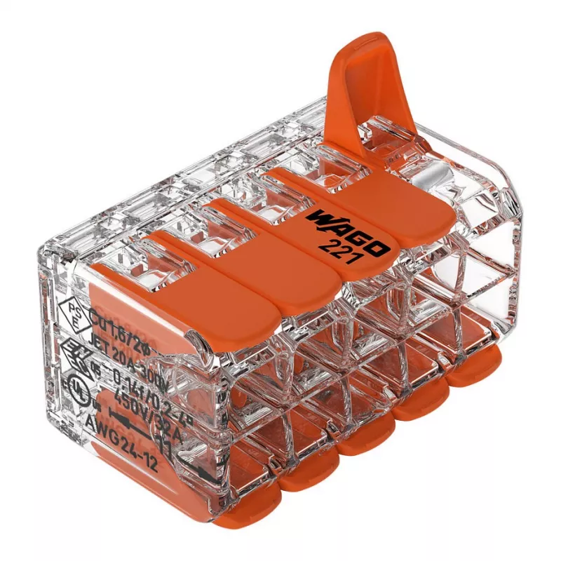 WAGO 221-420 Kompaktne ühendusklemm hoobadega, 10 juhi jaoks, 0,2-4 mm², läbipaistev korpus, oranž hoob, 10-pakk