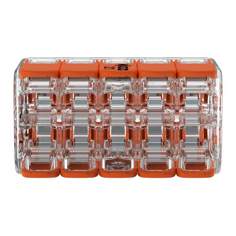 WAGO 221-420 Kompaktne ühendusklemm hoobadega, 10 juhi jaoks, 0,2-4 mm², läbipaistev korpus, oranž hoob, 10-pakk